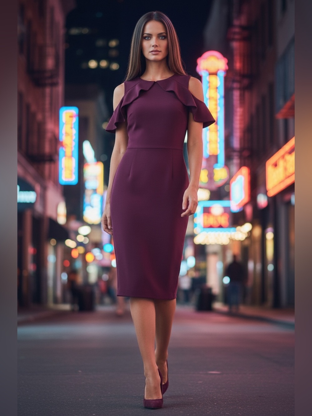 Calvin Klein Cold-Shoulder Ruffle Sheath Women’s Dress in Plum - Size 4